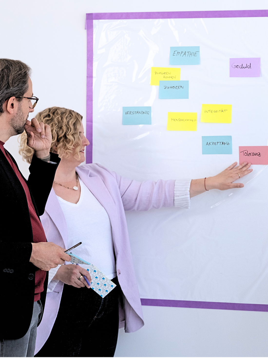Teamentwicklung: Eigenschaften guter Führung Workshop-Teilnehmer vor einer Wand mit Post-its zu Eigenschaften guter Führung wie Empathie, Geduld und Toleranz