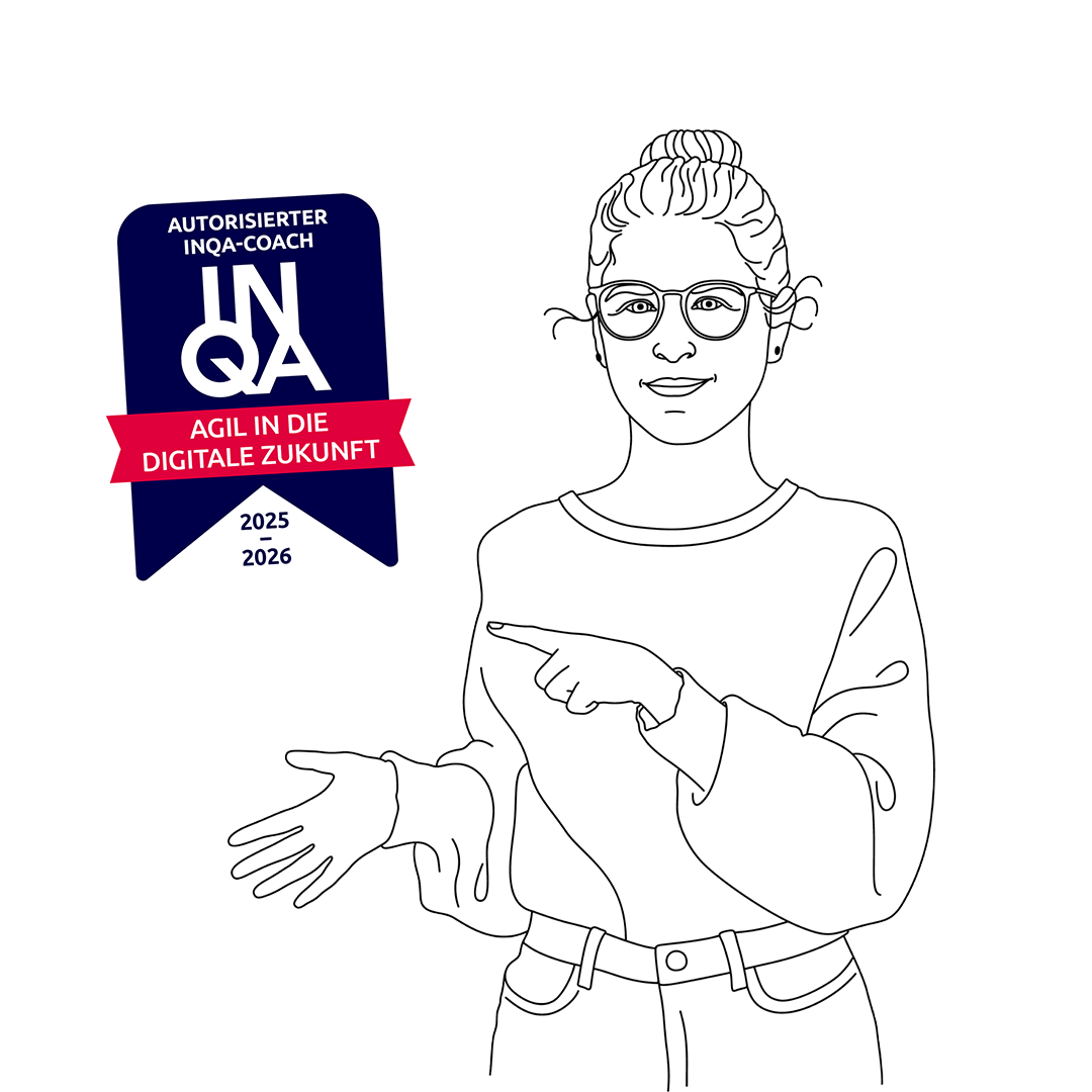 Salome Keller, autorisierte INQA-Coach Illustration zum INQA-Coaching: Salome Keller zeigt auf das Badge Autorisierter INQA-Coach, Agil in die digitale Zukunft