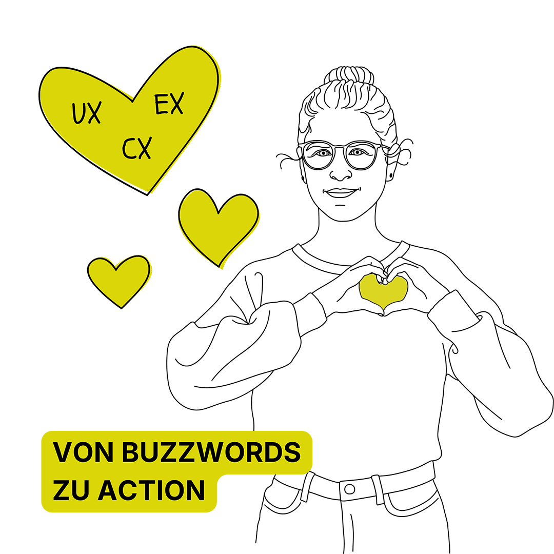Illustration zur UX-Strategieberatung: Salome Keller mit Herzgeste neben einem Herz mit UX, EX und CX. Von Buzzwords zu Action