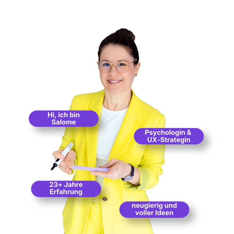 Salome Keller im gelben Anzug mit Post-its: Hi, ich bin Salome. Psychologin & UX-Strategin, 23+ Jahre Erfahrung